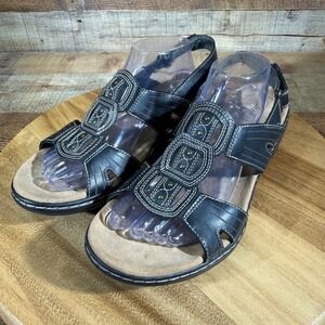 Clarks Sandals Womens 12 Black Leather Leisa Vine Strappy Wedge Slingback